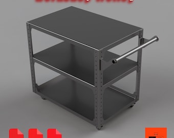 May include: A dark gray workshop trolley with three shelves and a handle. The trolley has wheels for easy movement. The text "Workshop trolley" is displayed at the top of the image. The image also includes icons for STEP, DXF, and PDF files.