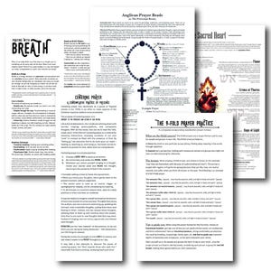 May include: A collection of printed pages with religious themes. One page features a diagram of Anglican prayer beads, while others discuss prayer practices, including centering prayer and the 9-fold prayer practice. The phrase "Praying with Breath" is also visible.
