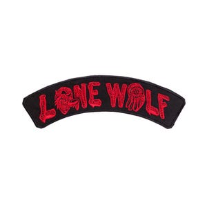 May include: Black, arched patch with red embroidered text and a wolf head design. The text reads "LONE WOLF" in a stylized font. The patch is likely for jackets or vests.