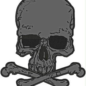 Op de afbeelding: Een grijs ontwerp van een schedel en gekruiste botten. De schedel is gedetailleerd met oogkassen, een neusholte en een kaak. De gekruiste botten zijn onder de schedel geplaatst. De afbeelding heeft een getextureerd uiterlijk.