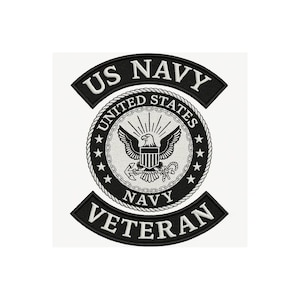 US Navy Veteran Patch Set Black and White, 3 Piece Large Back Patches Sew On or Iron On