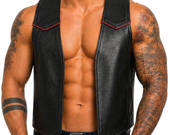 Men Real Leather Bartender Vest Cowhide Bar Waistcoat Open Front Vintage Style, Handmade – Gay Bar Vest, Bar Waistcoat Durability and Style