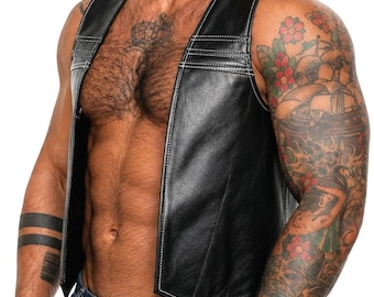 Men Real Leather Bartender Vest Cowhide Bar Waistcoat Open Front Vintage Style, Quilted, Handmade – Gay Bar Vest, Durability and Style