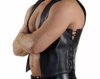 Men Real Leather Bartender Vest Cowhide Bar Waistcoat Open Front Vintage Style, Handmade – Gay Bar Vest, Bar Waistcoat Durability and Style