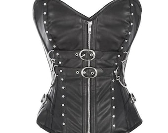 Women Real Leather Corset Overbust Handmade Black Genuine Leather Corset, Heavy Duty Steel Boned Waist Gothic Luxury and Stylish