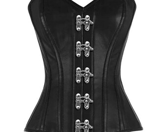 Corsetto in vera pelle da donna, fatto a mano, sopra il seno, in vera pelle nera, con stecche in acciaio, stile gotico, di lusso ed elegante.