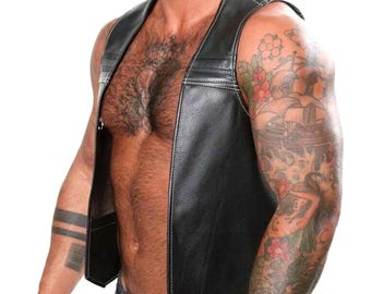 Men Real Leather Bartender Vest Cowhide Bar Waistcoat Open Front Vintage Style, Quilted, Handmade – Gay Bar Vest, Durability and Style