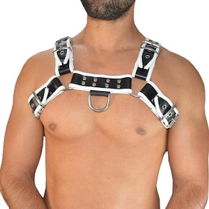 Harnais en cuir véritable pour homme, harnais en cuir de qualité supérieure, harnais de poitrine bouledogue fétiche fabriqué à la main avec passepoil blanc, coupe réglable