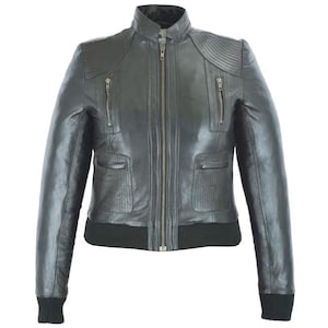 May include: A black leather jacket with a stand-up collar and a zip-up front. The jacket has two zippered pockets on the chest and two pockets on the lower front. The cuffs and hem are ribbed. The jacket is approximately 24 inches long.