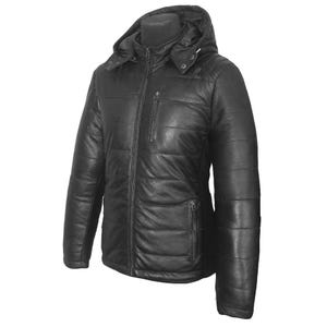 May include: Black leather puffer jacket with a hood. The jacket has a front zipper closure, a chest pocket, and two side pockets. The jacket is quilted and has a padded design for warmth and style.