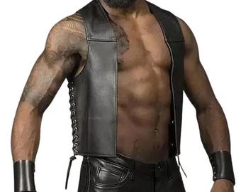 Men Real Leather Bartender Vest Cowhide Bar Waistcoat Open Front Vintage Style, Handmade – Gay Bar Vest, Bar Waistcoat Durability and Style