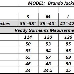 May include: A size chart for the "Brando Jacket" with measurements in centimeters and inches. The chart includes chest, bottom, sleeve length, back length, back yoke, and cuff measurements for sizes S, M, L, XL, and 2XL.