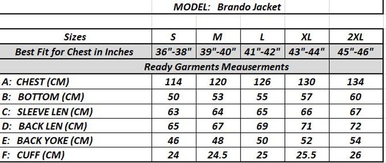 May include: A size chart for the "Brando Jacket" with measurements in centimeters and inches. The chart includes chest, bottom, sleeve length, back length, back yoke, and cuff measurements for sizes S, M, L, XL, and 2XL.