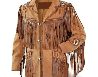 May include: A brown suede jacket with fringe detailing and a geometric pattern on the collar. The jacket has a button closure and two pockets.