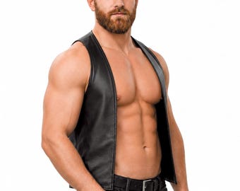 Men Real Leather Bartender Vest Cowhide Bar Waistcoat Open Front Vintage Style, Handmade – Gay Bar Vest, Bar Waistcoat Durability and Style