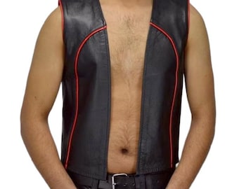 Men Real Leather Bartender Vest Cowhide Bar Waistcoat Open Front Vintage Style, Handmade – Gay Bar Vest, Bar Waistcoat Durability and Style