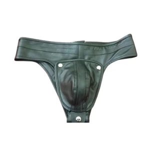 May include: A black leather jockstrap featuring a wide waistband with double-stitched detailing, a contoured front pouch with a central vertical seam, and three silver-toned metal snap buttons securing the pouch and the lower strap section.