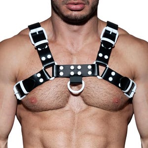 Men&#39;s Real Leather Harness, Premium Leather Harness, Handcrafted Fetish Bulldog Chest Harness With White Accessory, Adjustable Fit.