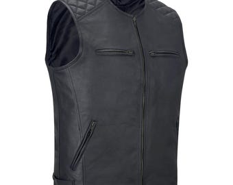 Men's Motorcycle Real Leather Vest Premium Leather Handmade Club, Diamond Quilted Leather Vest, Leather Biker Vest Motorbike Vest Cowhide