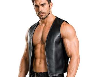 Men Real Leather Bartender Vest Cowhide Bar Waistcoat Open Front Vintage Style, Handmade – Gay Bar Vest, Vintage Leather Club, Party Vest