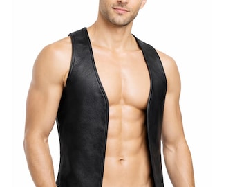 Men Real Leather Bartender Vest Cowhide Bar Waistcoat Open Front Vintage Style, Handmade – Gay Bar Vest, Bar Waistcoat Durability and Style