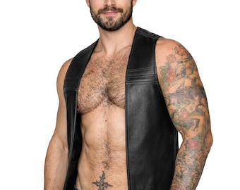 Men Real Leather Bartender Vest Cowhide Bar Waistcoat Open Front Vintage Style, Quilted, Handmade – Gay Bar Vest, Durability and Style