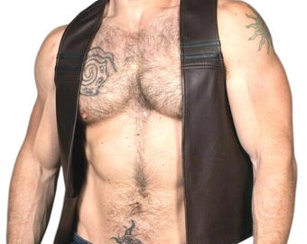 Men Real Leather Bartender Vest Cowhide Bar Waistcoat Open Front Vintage Style, Quilted, Handmade – Gay Bar Vest, Durability and Style