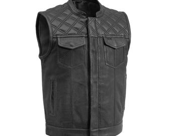 Men's Motorcycle Real Leather Vest Perforated Premium Leather Handmade Club, Diamond Quilted Leather Vest, Leather Biker Vest Motorbike Vest