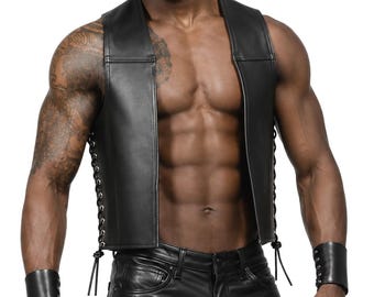 Men Real Leather Bartender Vest Cowhide Bar Waistcoat Open Front Vintage Style, Handmade – Gay Bar Vest, Bar Waistcoat Durability and Style