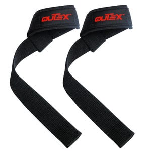 May include: A pair of black lifting straps with red "OUTEX" branding. The straps are made of a woven fabric and are designed to help with lifting heavy weights.