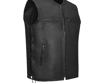 Gilet moto en cuir véritable pour homme en cuir premium fait main Club, gilet en cuir matelassé diamant, gilet motard en cuir gilet moto lacets latéraux