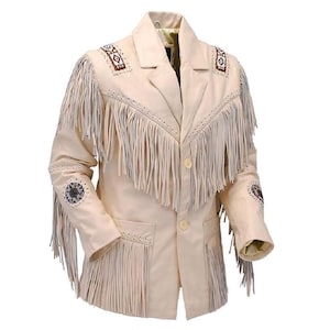 May include: A cream-colored leather jacket with fringe detailing and embroidered designs. The jacket has a button-up front and long sleeves.