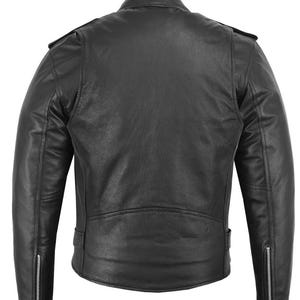 May include: Black leather jacket with a classic biker style. Features include a notched collar, shoulder epaulets, zippered sleeves, and a waist belt. The jacket is made of a smooth, durable leather.