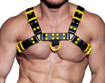 Handcrafted Leather Chest Harness with Yellow Accent, Adjustable Fit
