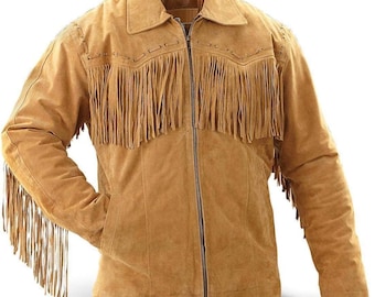 May include: A brown suede jacket with fringe detailing on the front, sleeves, and collar. The jacket has a zipper closure and two pockets.