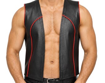 Men Real Leather Bartender Vest Cowhide Bar Waistcoat Open Front Vintage Style, Handmade – Gay Bar Vest, Bar Waistcoat Durability and Style