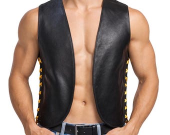 Men Real Leather Bartender Vest Cowhide Bar Waistcoat Open Front Vintage Style, Handmade – Gay Bar Vest, Bar Waistcoat Durability and Style