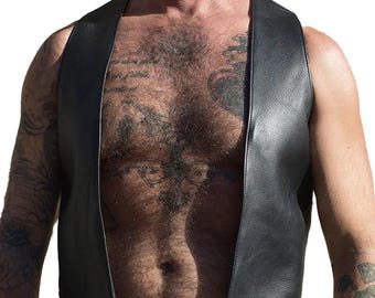 Men Real Leather Bartender Vest Cowhide Bar Waistcoat Open Front Vintage Style, Handmade – Gay Bar Vest, Bar Waistcoat Durability and Style