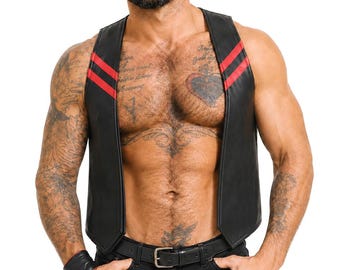 Men Real Leather Bartender Vest Cowhide Bar Waistcoat Open Front Vintage Style, Handmade – Gay Bar Vest, Bar Waistcoat Durability and Style