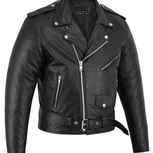 May include: A black leather motorcycle jacket with a notched collar, asymmetrical zipper closure, and multiple zippered pockets. The jacket features a belt at the waist and silver-toned hardware. A classic, durable outerwear piece.