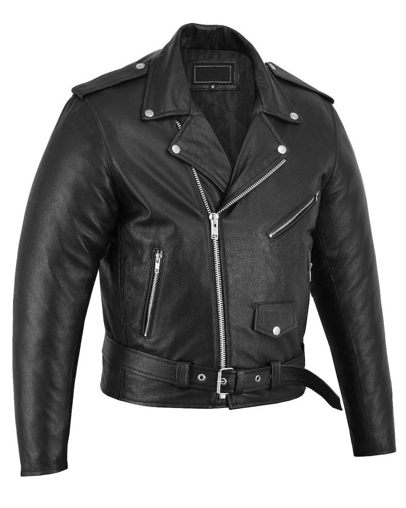 May include: A black leather motorcycle jacket with a notched collar, asymmetrical zipper closure, and multiple zippered pockets. The jacket features a belt at the waist and silver-toned hardware. A classic, durable outerwear piece.