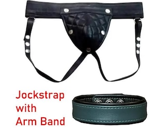 Men's Real Leather Jockstraps, With Leather Arm Band, Club Leather Underwear, Thong, Adult, Codpiece