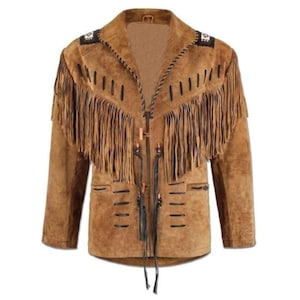 Veste cowboy western en cuir véritable en daim pour hommes avec franges et perles, cowboy traditionnel