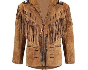 May include: A brown suede jacket with fringe detailing and black stitching. The jacket has a collar and a front zipper closure.