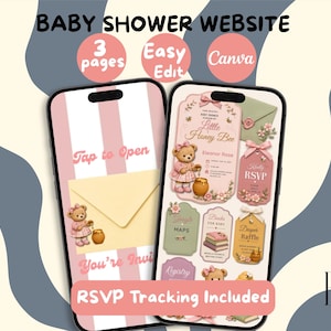Webbmall för babyshower med liten honungsbi, digital inbjudan till rosa nallebjörn i Canva, redigerbar webbplats på 3 sidor med OSA-spårning