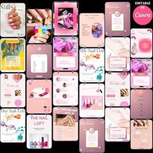 Nail Salon Instagram Template Bundle: 23 Canva Posts & Stories (Editable Digital Download)