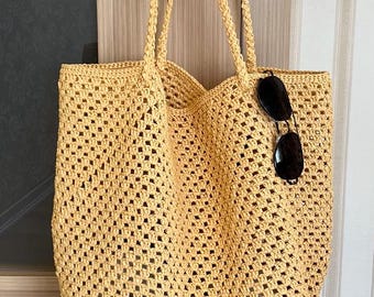 Granny Stitch Mesh Tote Bag Pattern, Raffia Beach Bag Pattern, Crochet Tote Market Bag, Step-by-Step Video Tutorial