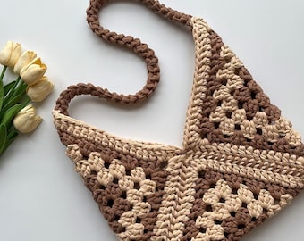 Granny Stitch Origami Bag Pattern, Chunky T-Shirt Yarn Bag DIY, Triangle Crochet Shoulder Bag PDF, Step-by-Step Video Tutorial in English