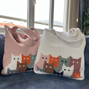 かぎ針編みの猫トートバッグの型紙PDF – カラフルな猫ちゃんの財布の作り方、動物好きへのギフトアイデア、可愛い猫バッグのDIY