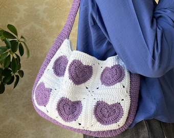 Crochet Heart Bag for Valentine's Day Gift, Purple White Handmade Granny Square Purse, Romantic Boho Shoulder Bag for Her